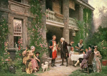 George Washington vierailee Bartramin puutarhassa vuonna 1787, maalattu 1900